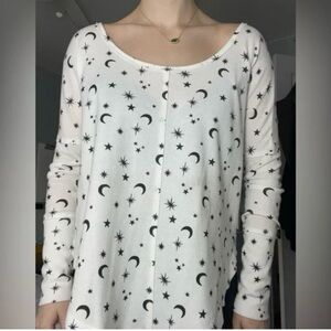Lucky Brand White Ribbed Top with Black Celestial Print